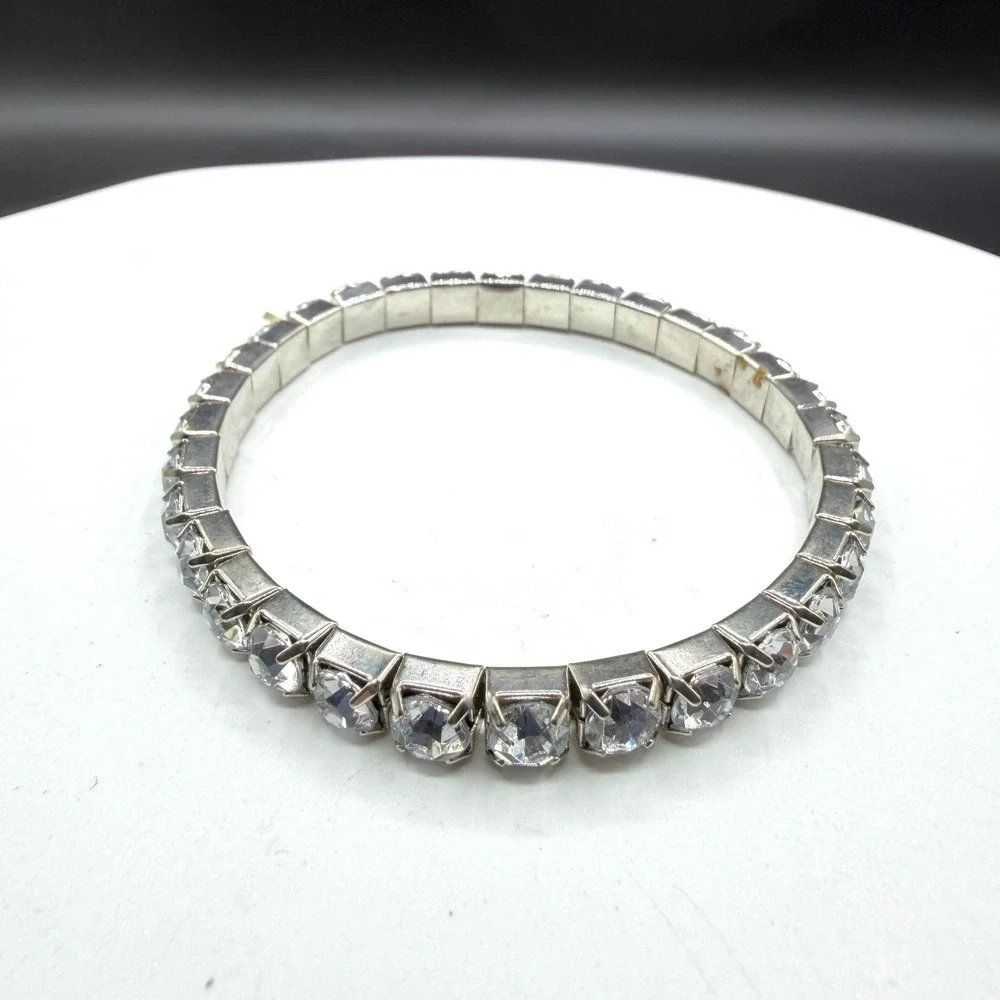 Clear Crystal Rhinestone Silver Tone Stretch Tennis Bracelet Statement Gift
